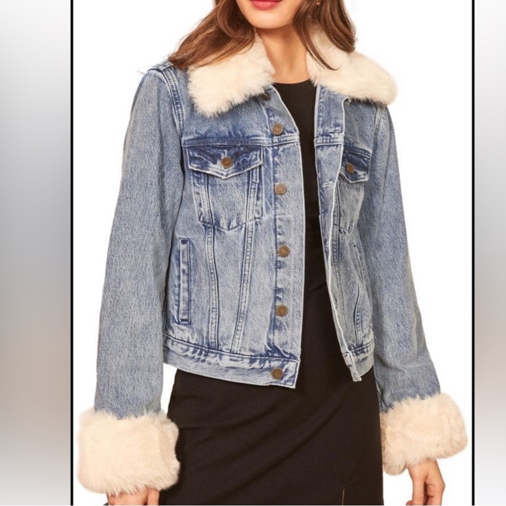 Reformation Aussie Denim Jacket Faux Fur Trim
